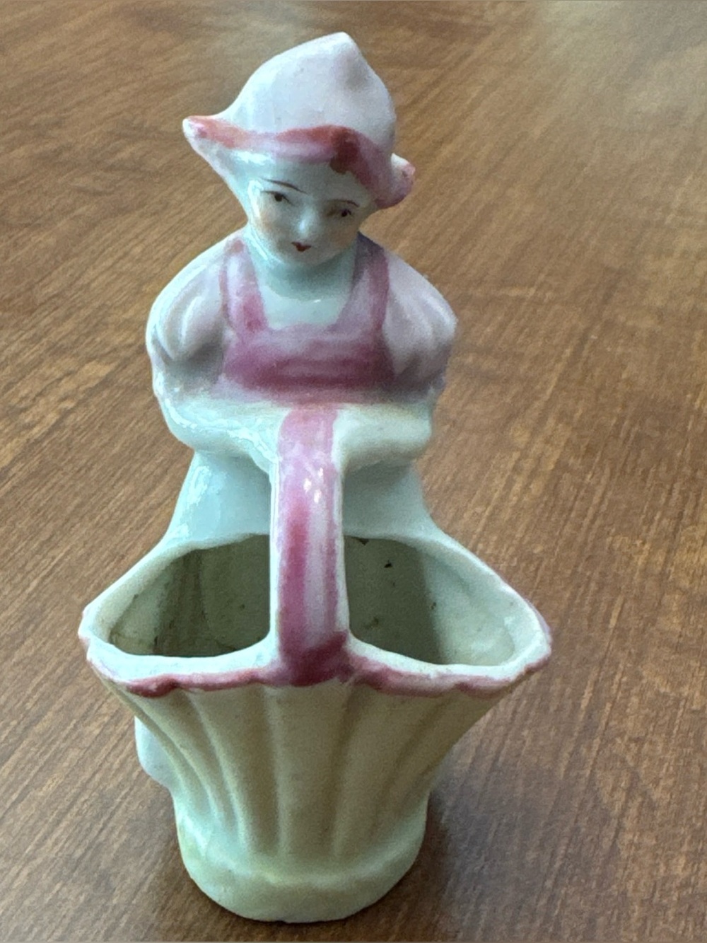 Vintage pink Dutch girl toothpick holder porcelain figurine, Japan